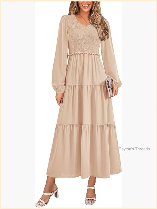Dresses & Skirts - Fall Long Sleeve V Neck Smocked A Line Maxi Dress Wedding Guest